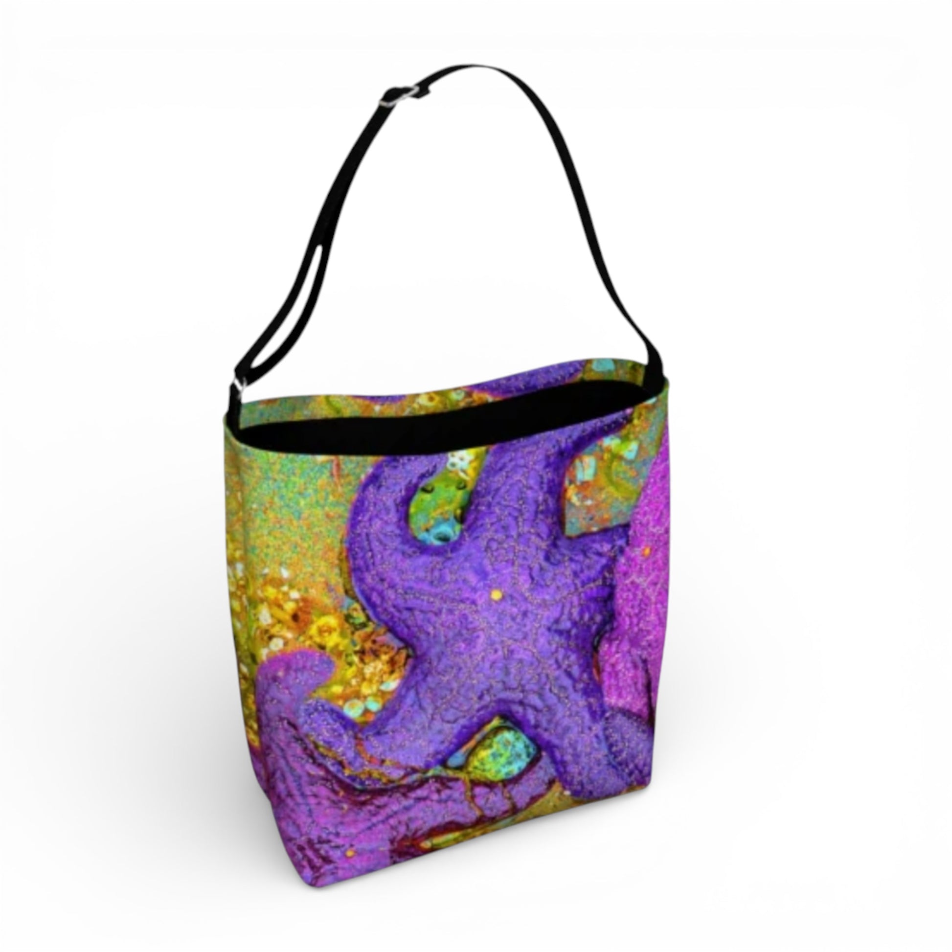 Colorful tote bag with a purple octopus design on a white background
