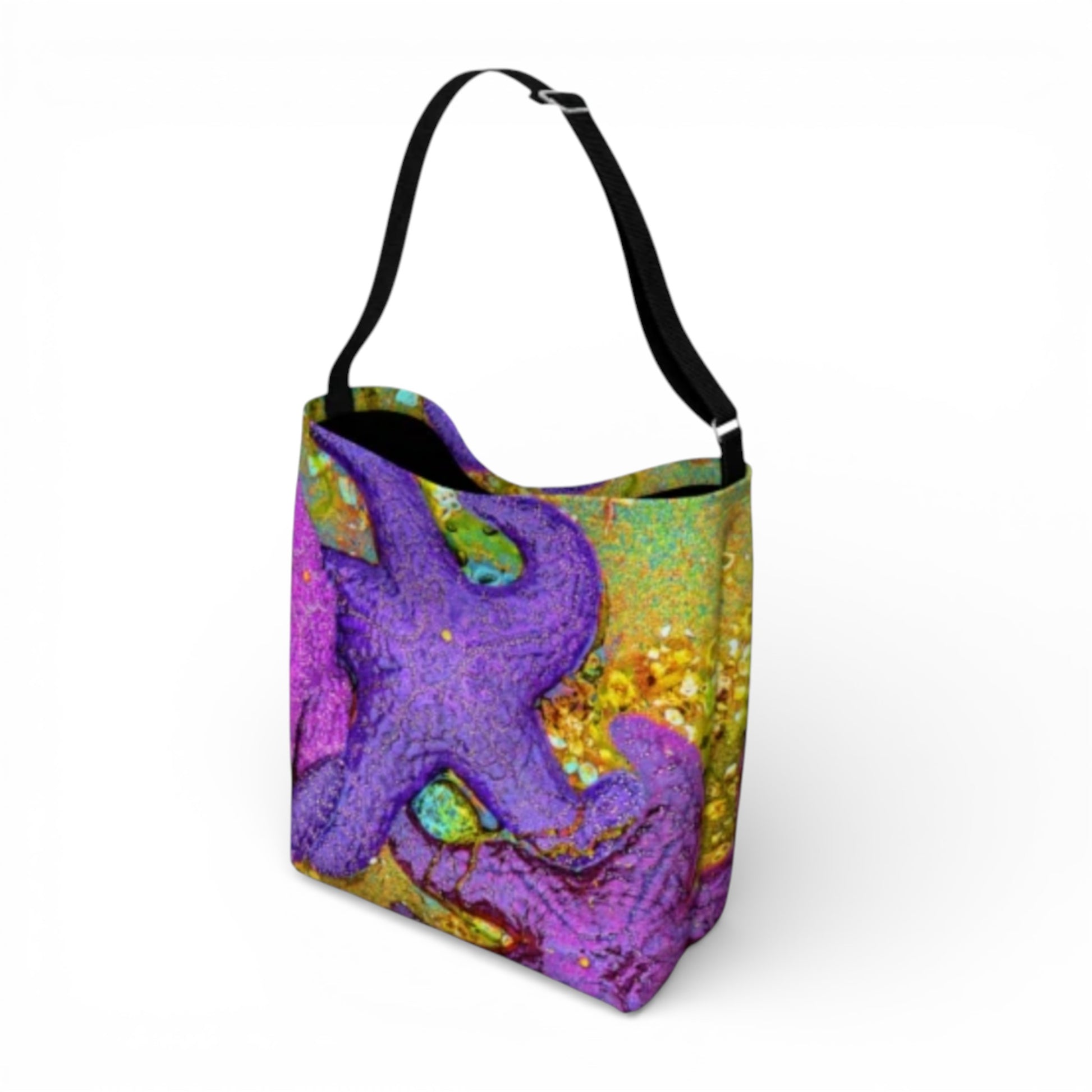 Colorful tote bag with a starfish design on a white background