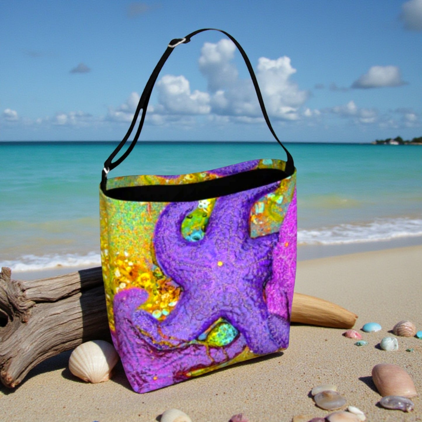 Colorful tote bag with an starfish design on a sandy beach with ocean in the background