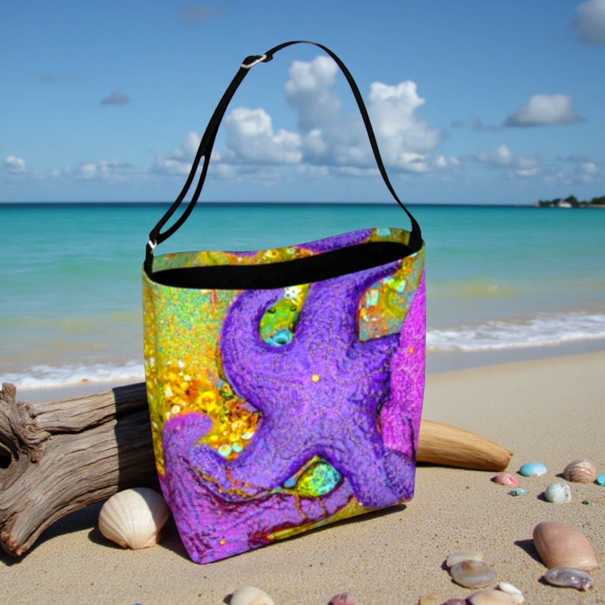 Colorful tote bag with an starfish design on a sandy beach with ocean in the background