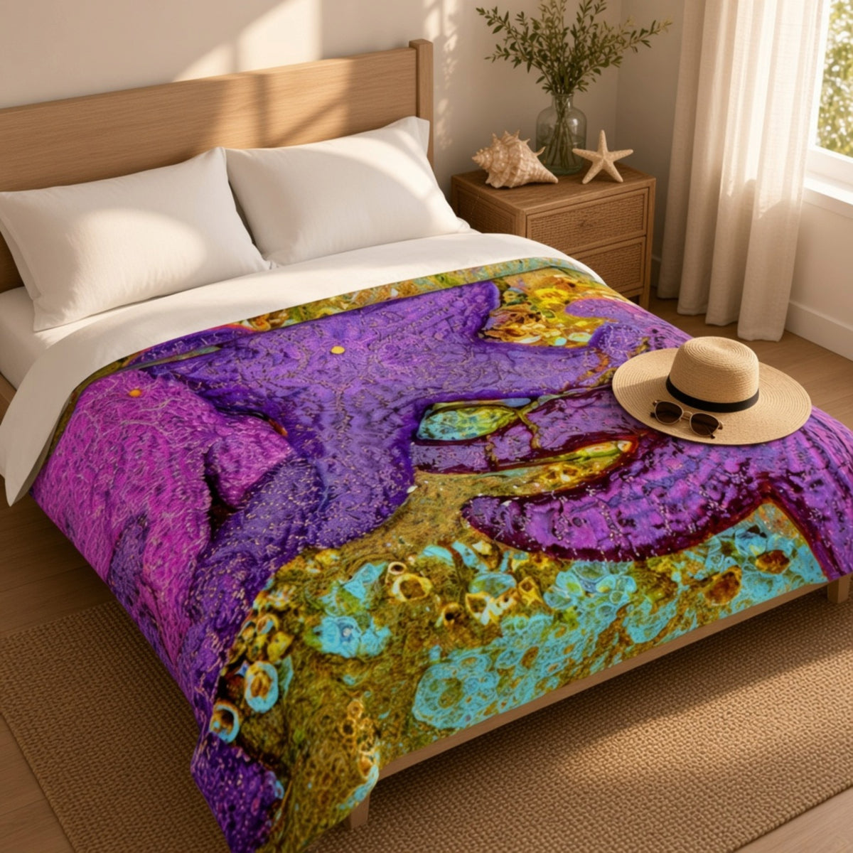 A bed dressed in a colorful starfish print comforter or duvet with vivid purple, turquoise, and gold tones, styled in a bright bedroom with white pillows, a wooden headboard, a nightstand, and a straw hat on top.