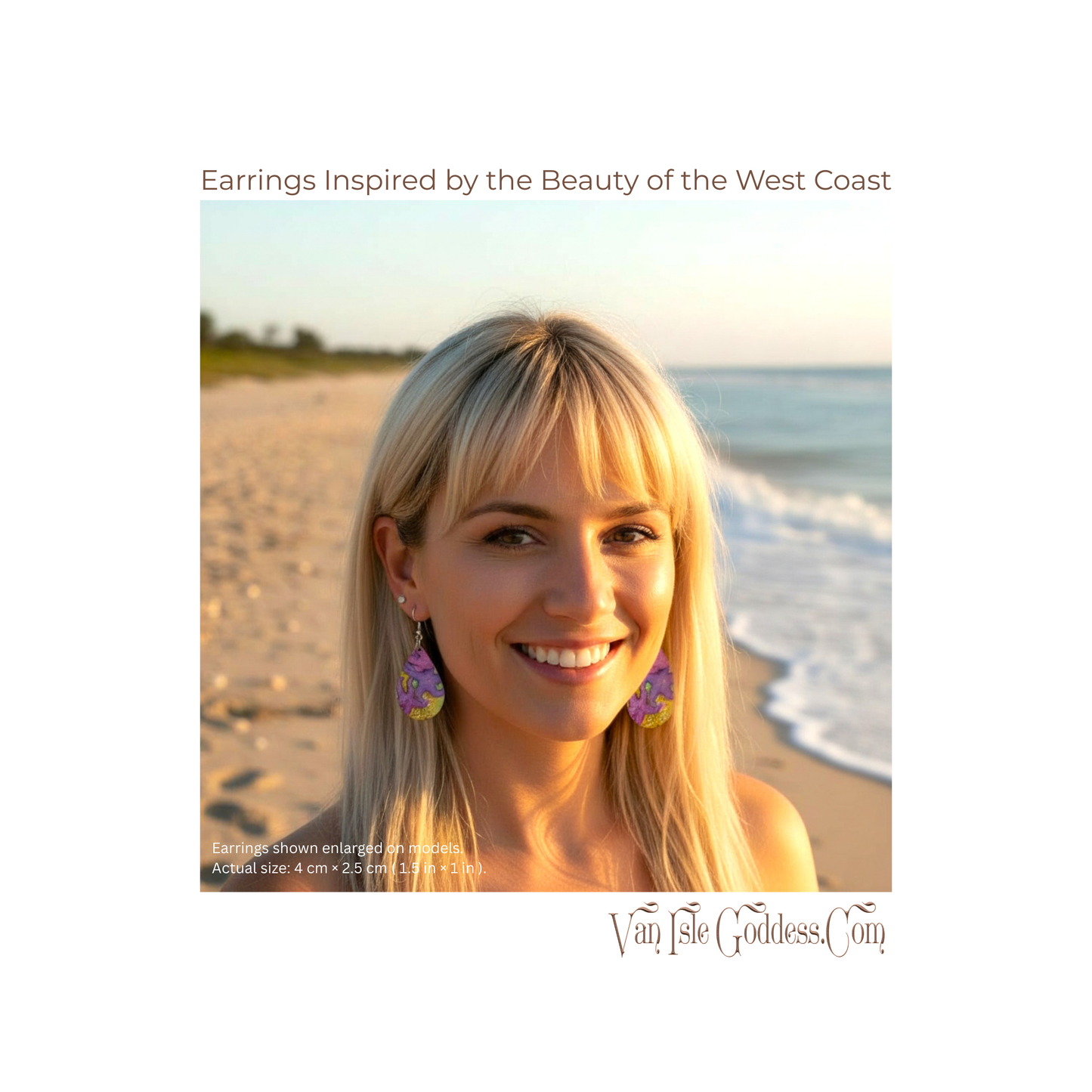 Woman on a beach wearing earrings with text about West Coast inspiration