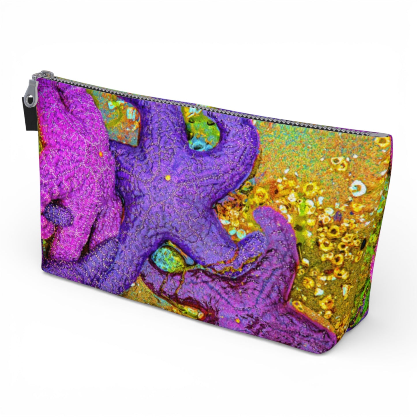 Colorful pouch with purple design on a white background