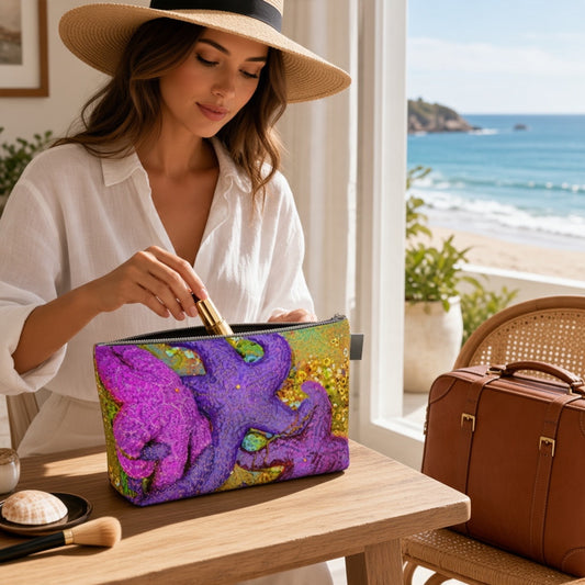 A woman in a white shirt and straw hat sits at a wooden table by a window, placing a gold makeup brush into a colorful cosmetic pouch featuring a purple starfish design. A brown leather suitcase rests on a woven chair beside her, with a beach and ocean visible in the background.