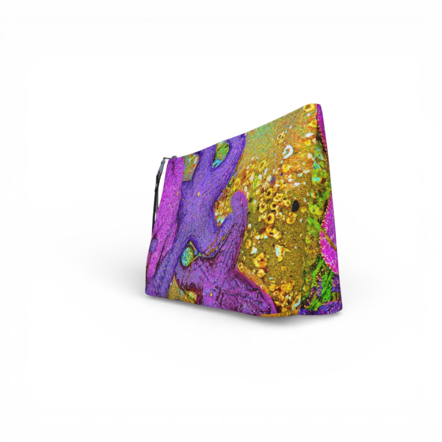 Colorful pouch with a vibrant pattern on a white background