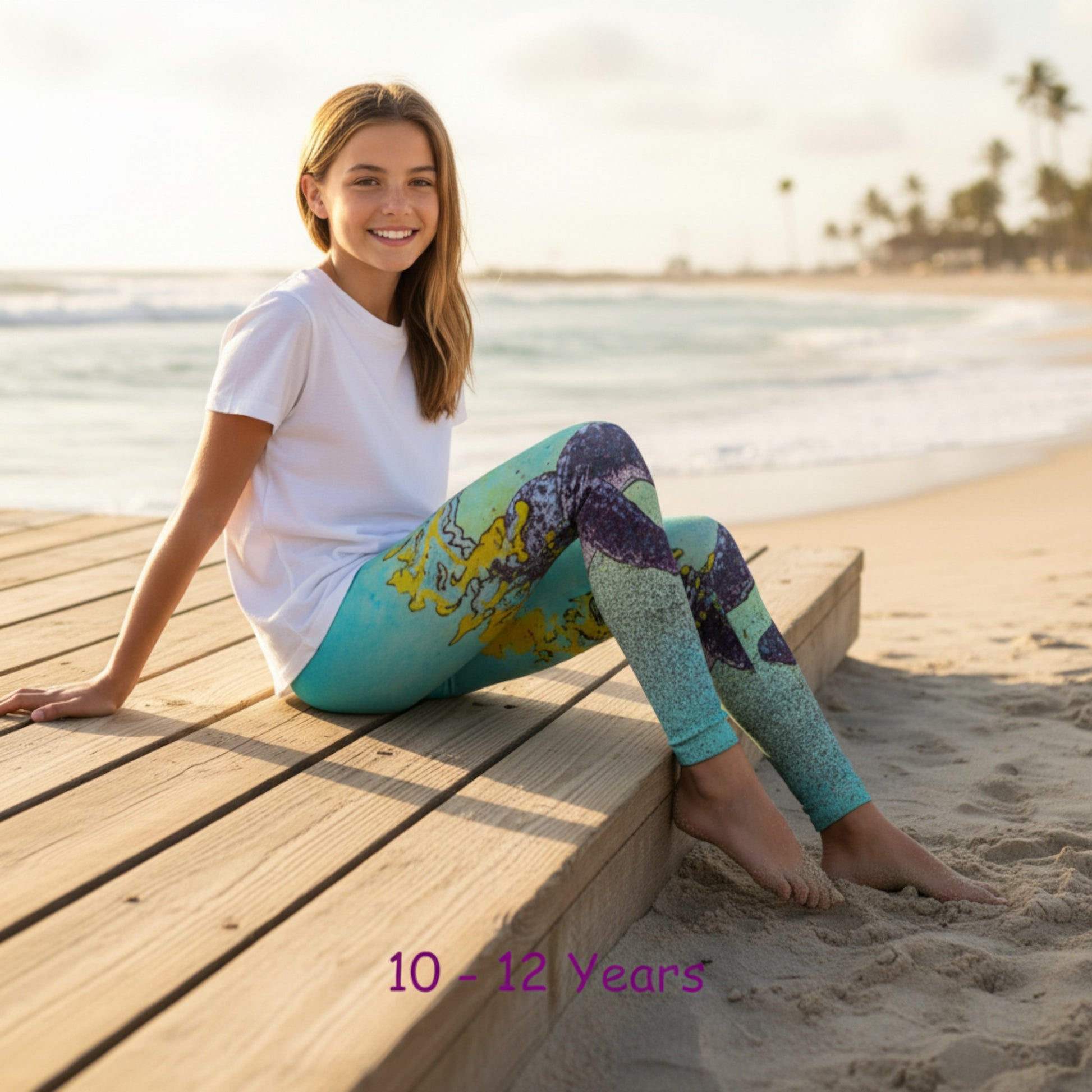 Young girl sitting on a wooden bench at the beach wearing colorful leggings.