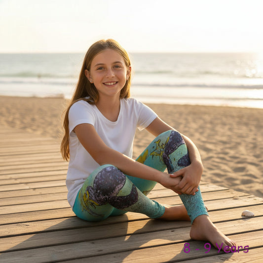 Young girl sitting on a wooden boardwalk at the beach with a sunset in the background