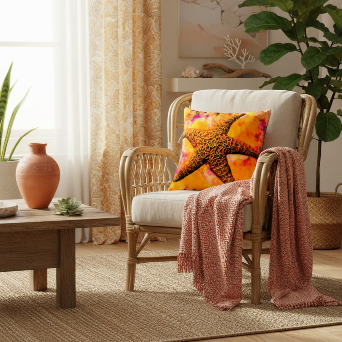 A styled rattan armchair in a warm living room setting, featuring a white cushion, a vibrant orange and yellow starfish throw pillow, and a dusty pink knit throw blanket draped over the side.