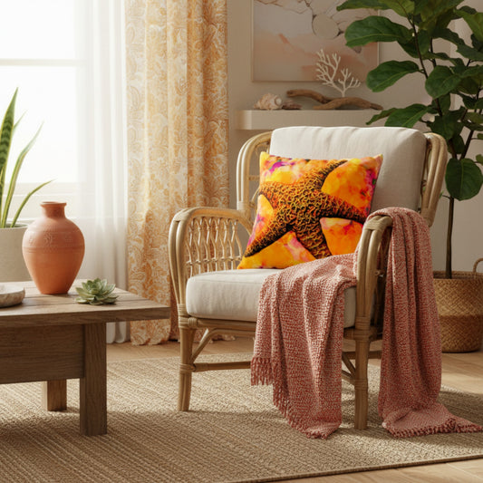A styled rattan armchair in a warm living room setting, featuring a white cushion, a vibrant orange and yellow starfish throw pillow, and a dusty pink knit throw blanket draped over the side.