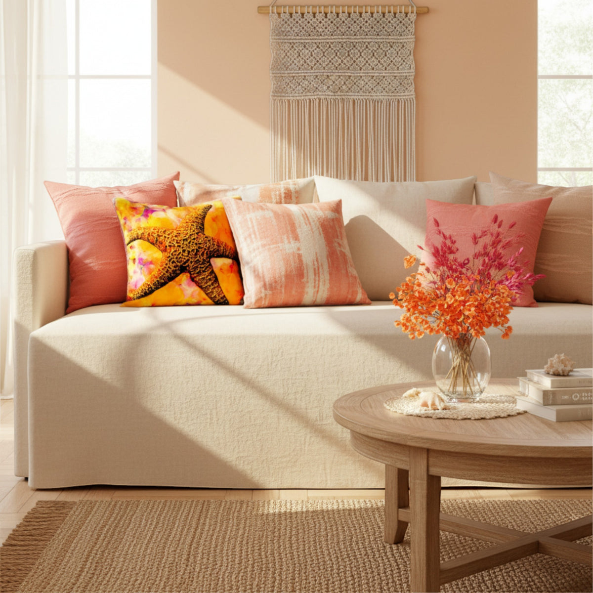 A beige upholstered sofa in a sunlit living room, styled with coral, pink, and orange throw pillows including a starfish print pillow. A round wooden coffee table with a vase of orange flowers sits in front, with a macrame wall hanging and windows in the background.