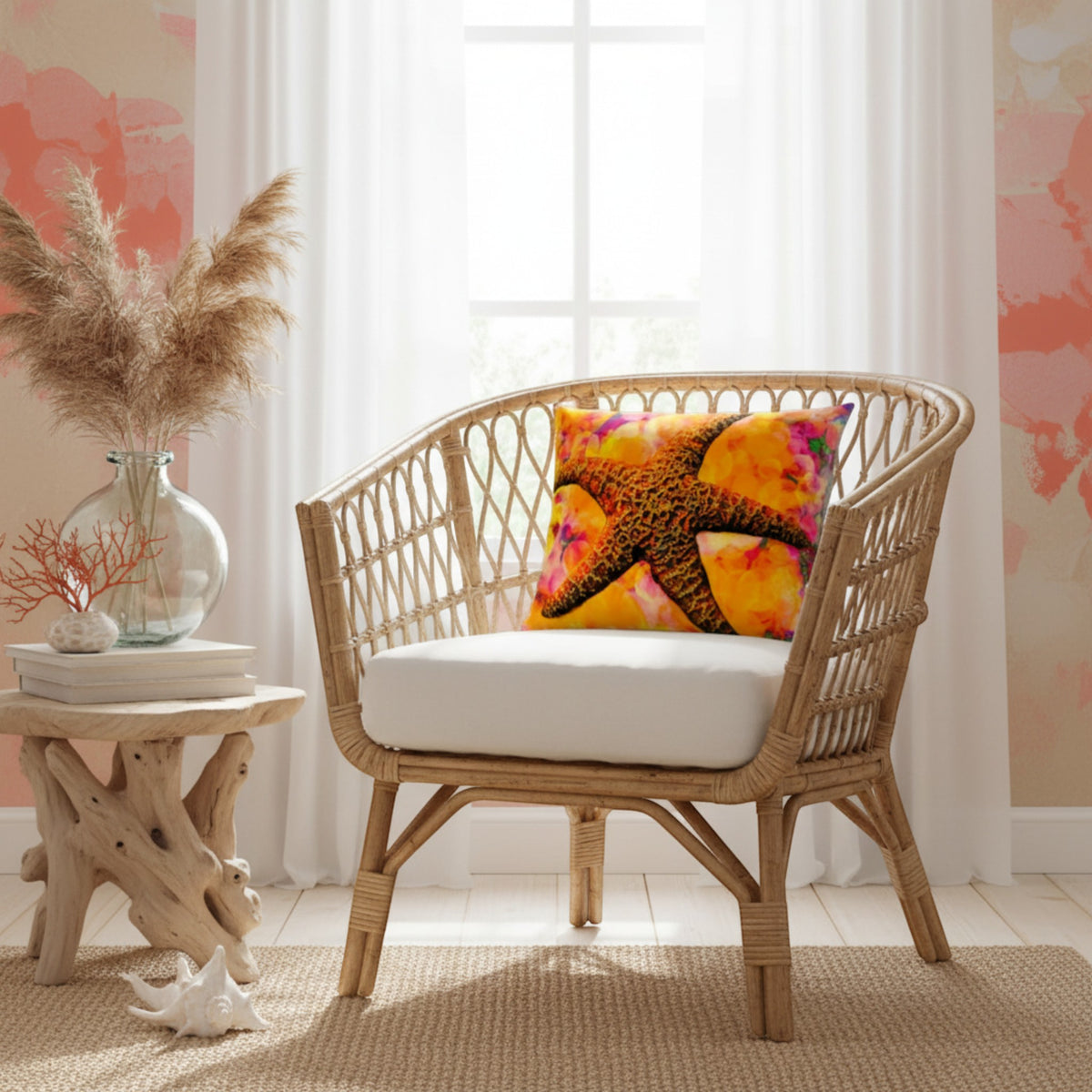 A decorative throw pillow with a vibrant and detailed image of a starfish on a multicolored background, featuring a textured design.