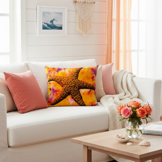 A decorative throw pillow featuring a large orange-brown starfish on a yellow and pink watercolor background, styled on a white sofa in a bright living room with coral accent pillows, a knit throw blanket, and a coffee table with flowers.