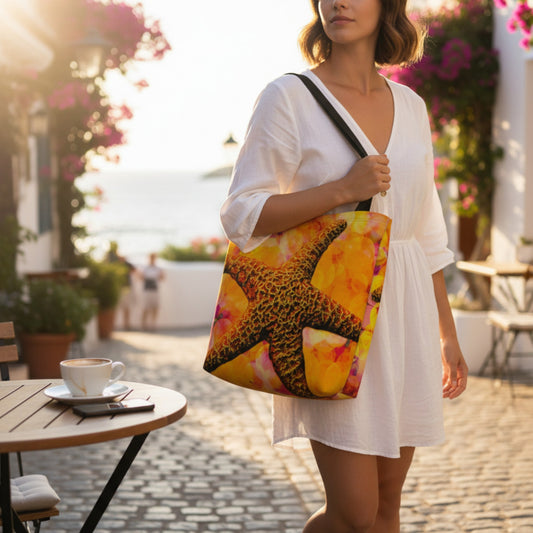 Woman holding a colorful tote bag with a starfish design in an outdoor setting.