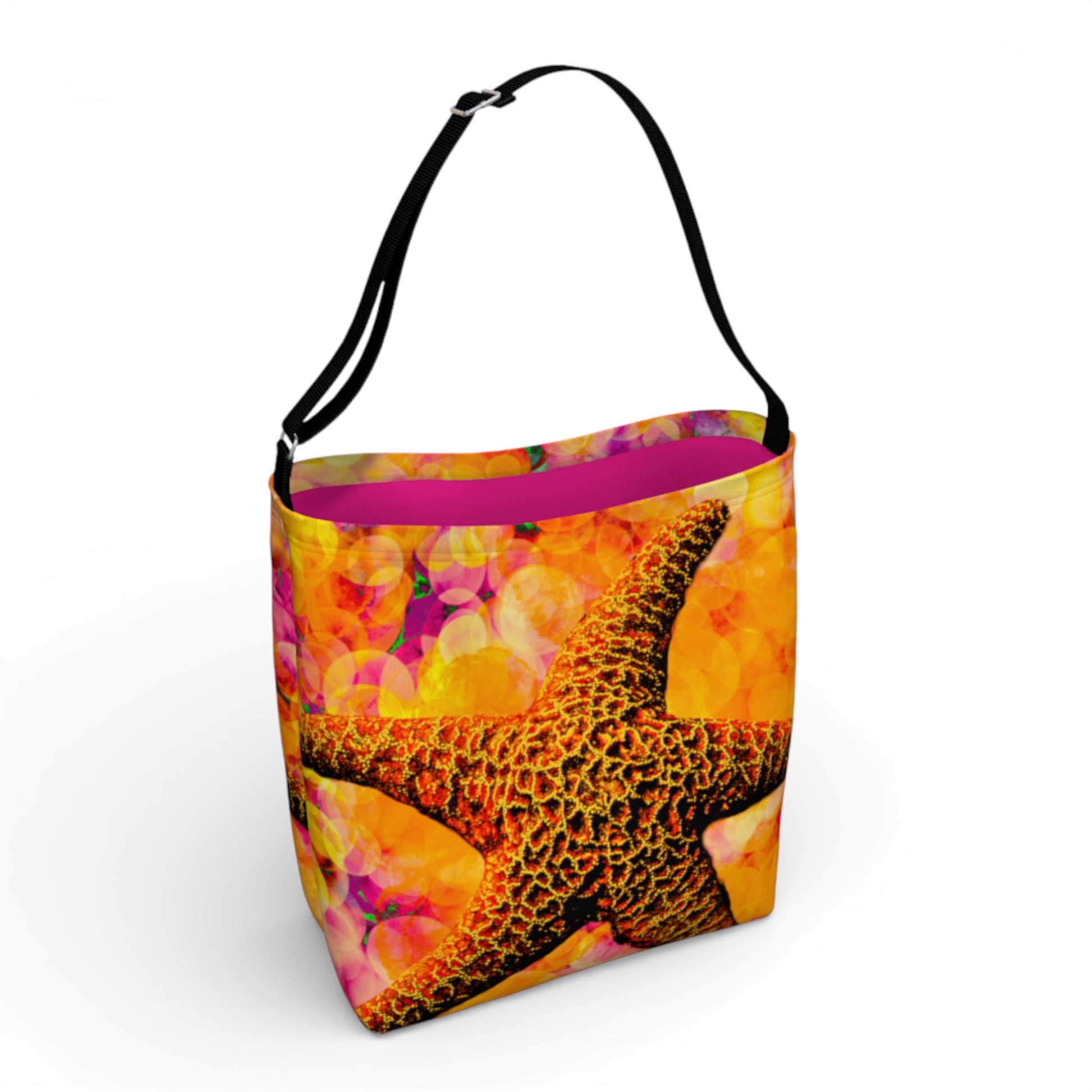 Colorful tote bag with a starfish design on a white background