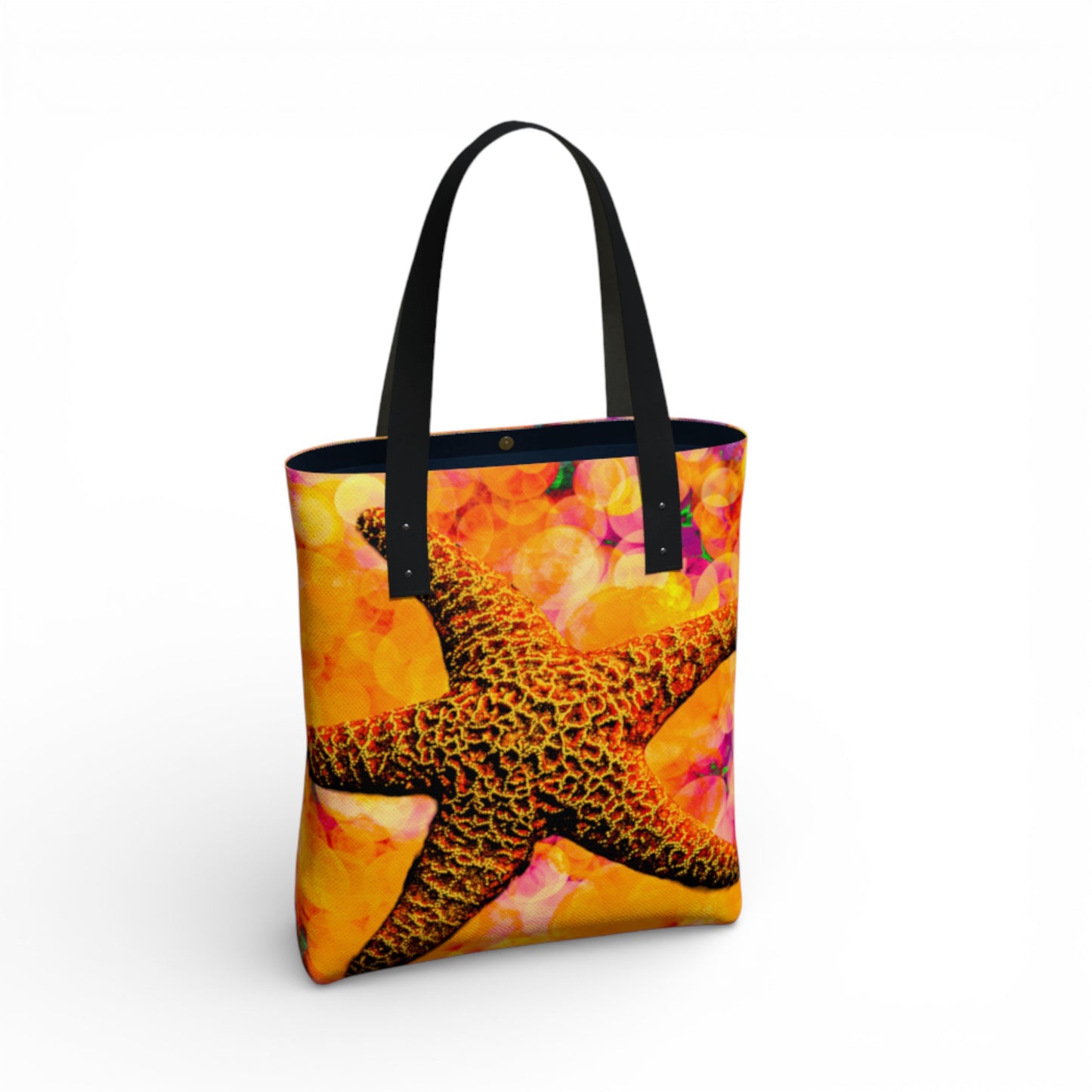 Tote bag with a colorful starfsih design on a white background