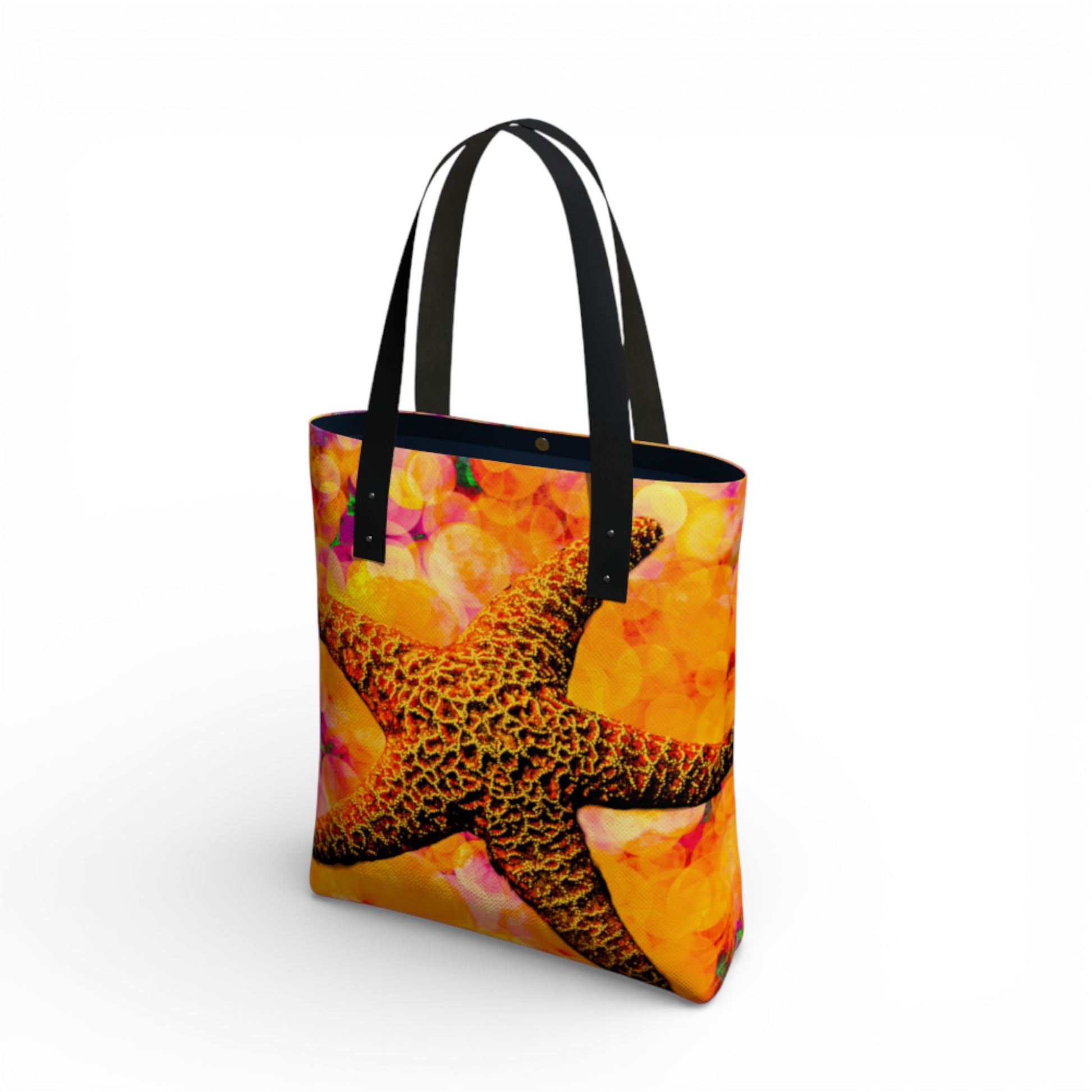 Tote bag with a colorful starfish design on a white background