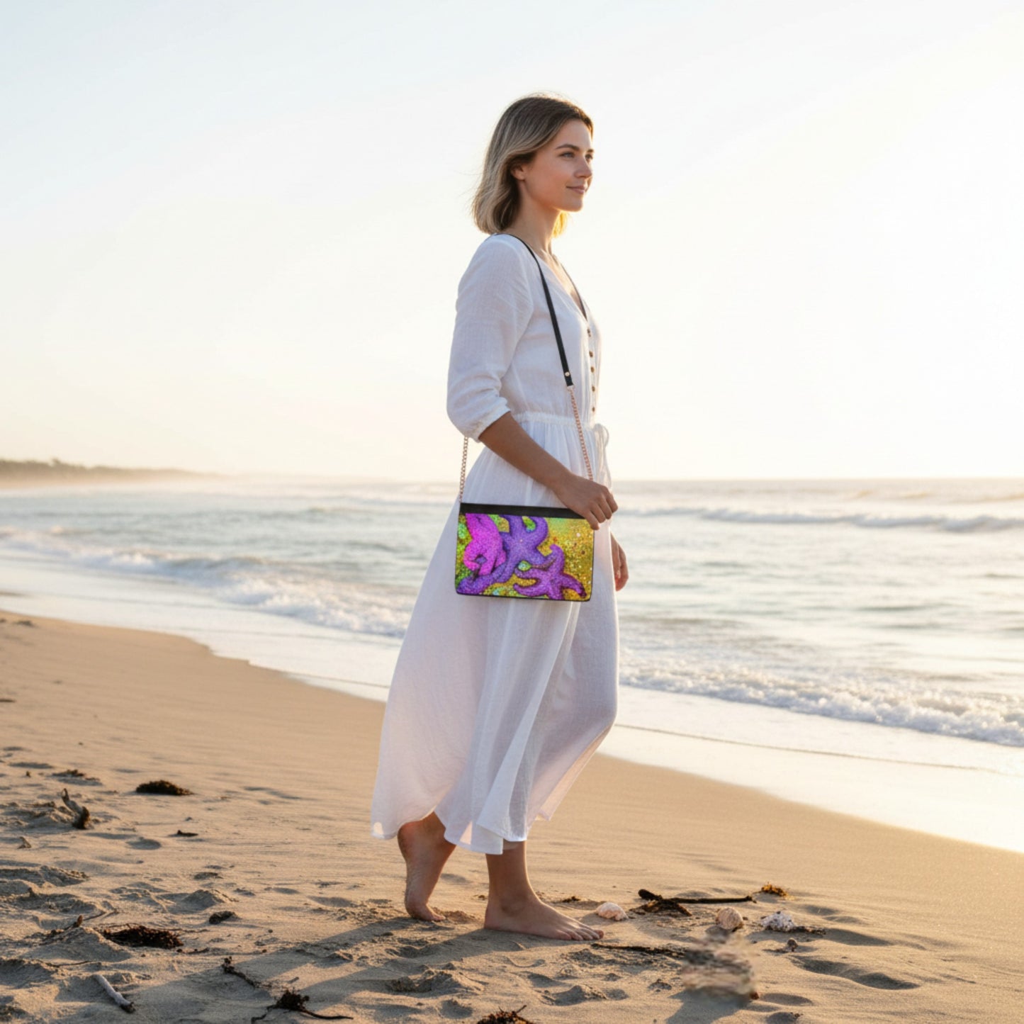Woman in a white dress holding a colorful clutch bag on a beach.