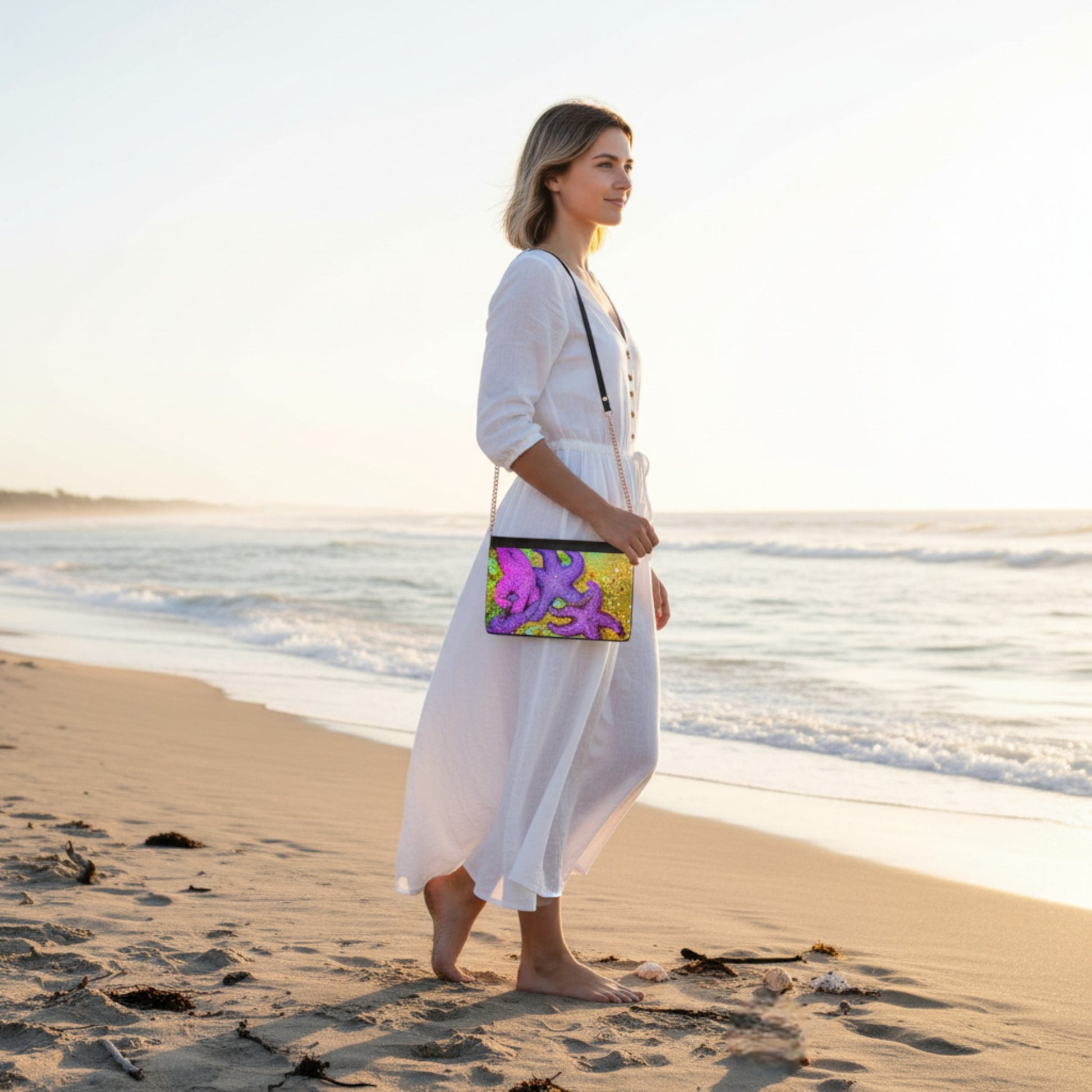 Woman in a white dress holding a colorful clutch bag on a beach.