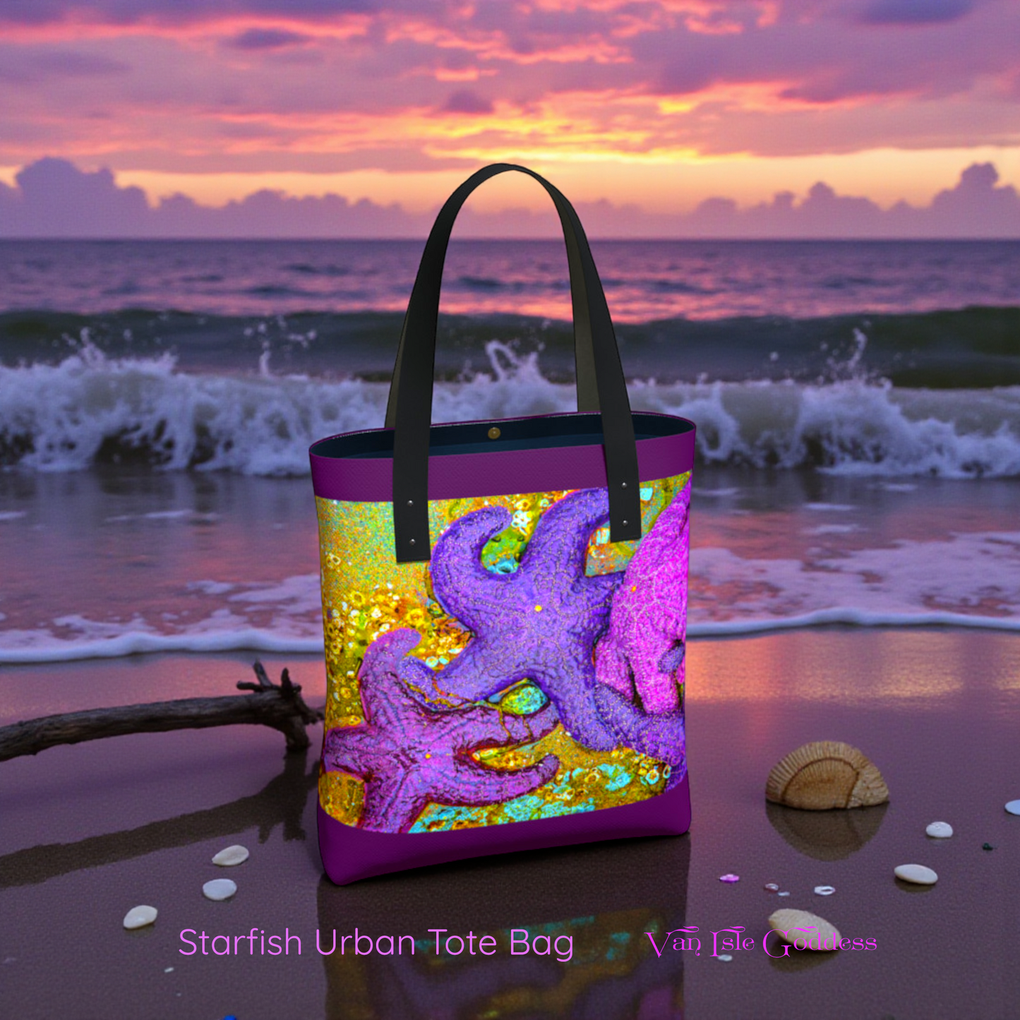 Colorful starfish tote bag on a beach with a sunset background