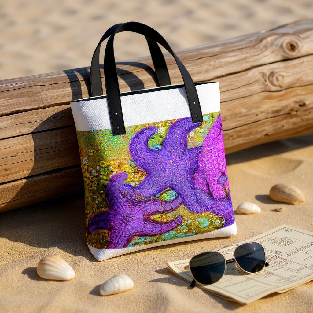 Tote bag with a colorful starfish design on a sandy beach with sunglasses and a newspaper.