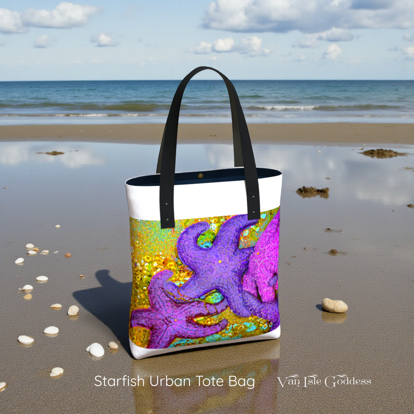 Colorful tote bag with starfish design on a beach
