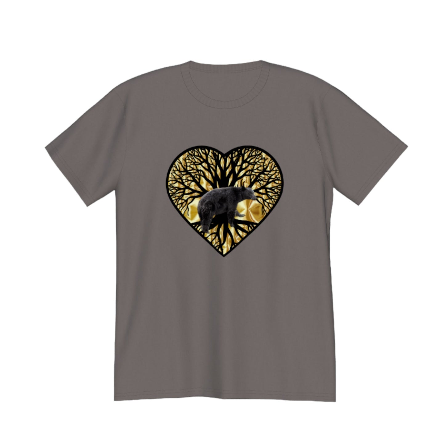 Bear Heart Premium Unisex T-shirt. The image on the front is of a bear standing in front of the tree of life that is on a gold background.  by van isle goddess dot com