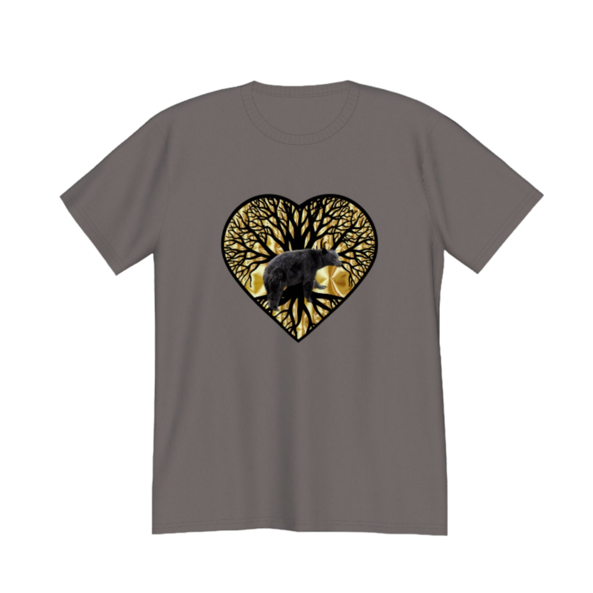 Bear Heart Premium Unisex T-shirt. The image on the front is of a bear standing in front of the tree of life that is on a gold background.  by van isle goddess dot com