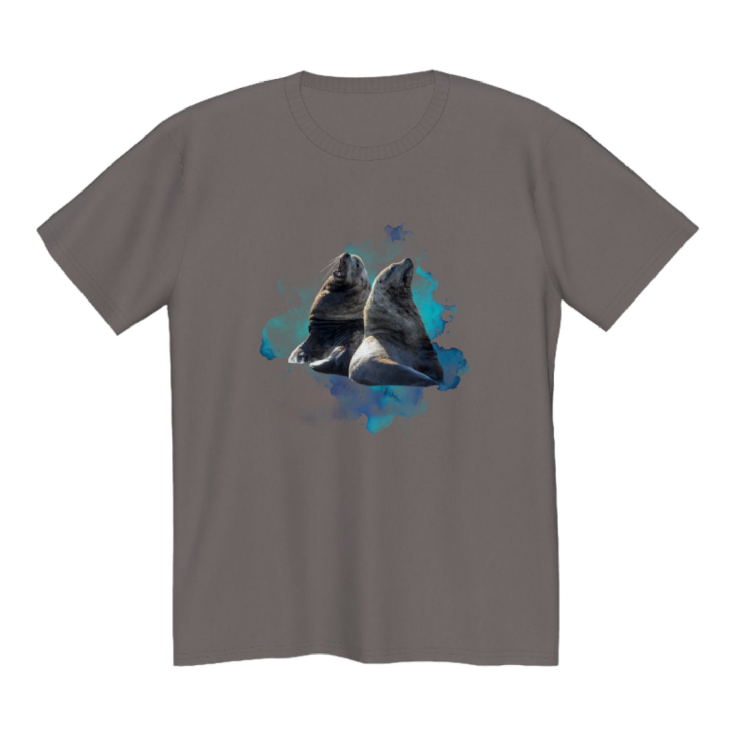 Sea Lions Premium Unisex Tshirt featuring two sea lions on the front.  A colourful blue and green ocean abstract is in the background. by van isle goddess dot com