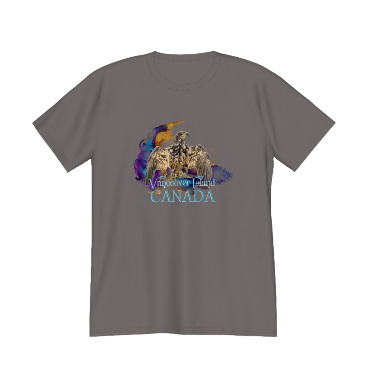 Thunderbird Vancouver Island Canada Premium Unisex T-shirt. The image is of a eagle in the thunderbird position with a colourful abstract background.  The word below the image read Vancouver island, Canada. by van isle goddess dot com