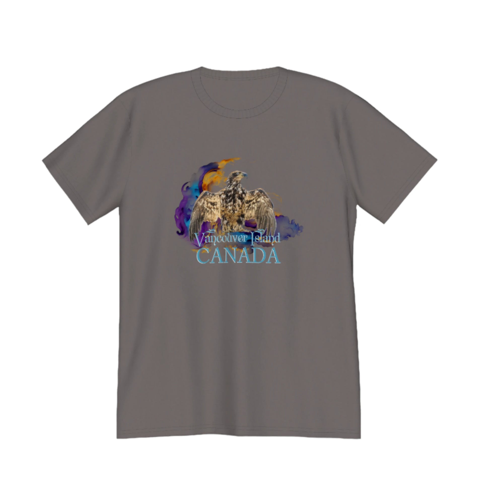Thunderbird Vancouver Island Canada Premium Unisex T-shirt. The image is of a eagle in the thunderbird position with a colourful abstract background.  The word below the image read Vancouver island, Canada. by van isle goddess dot com