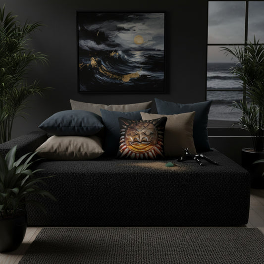 A dark, moody living room scene with a black textured sofa, multiple throw pillows, a framed ocean artwork on the wall, and potted plants. A decorative pillow featuring a sun-and-moon face design is prominently placed on the sofa.