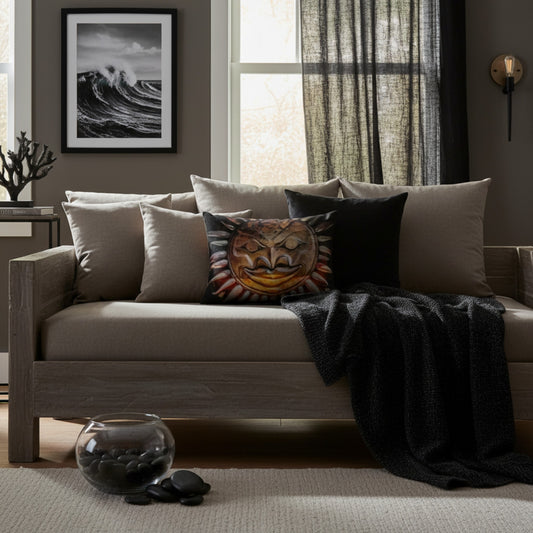 A rustic gray wooden daybed in a styled living room, decorated with beige and black throw pillows, a black knit throw blanket, and a central sun-face accent pillow.