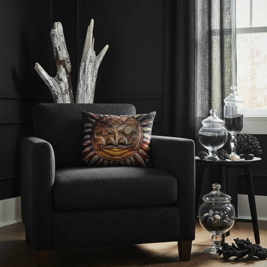 A square throw pillow featuring a detailed graphic print of a carved wooden sun mask with a menacing expression, set against a plain white background.