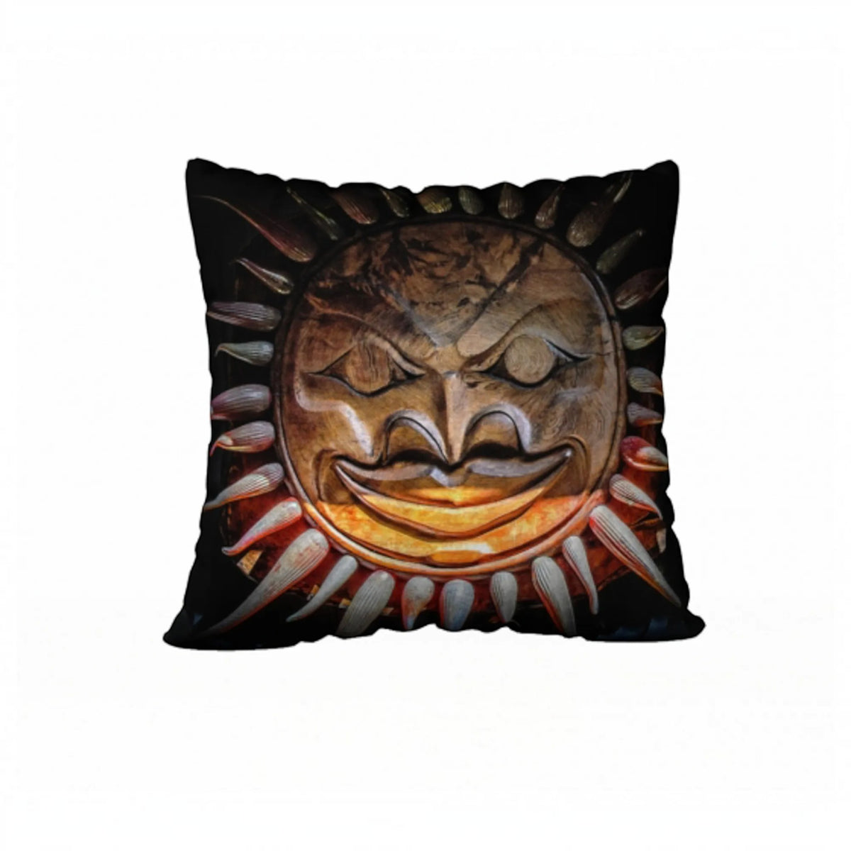A square throw pillow featuring a detailed graphic print of a carved sun face with radiating rays, set against a plain white background.