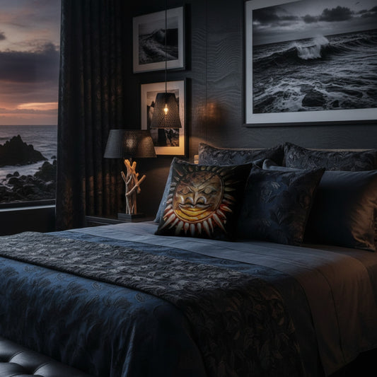 A dark, moody bedroom featuring a bed dressed in deep navy and black patterned bedding, with a decorative pillow showing a sun face design. The room is styled with black wall art depicting ocean waves, a bedside table lamp, and a window looking out onto a dramatic rocky coastline at sunset.