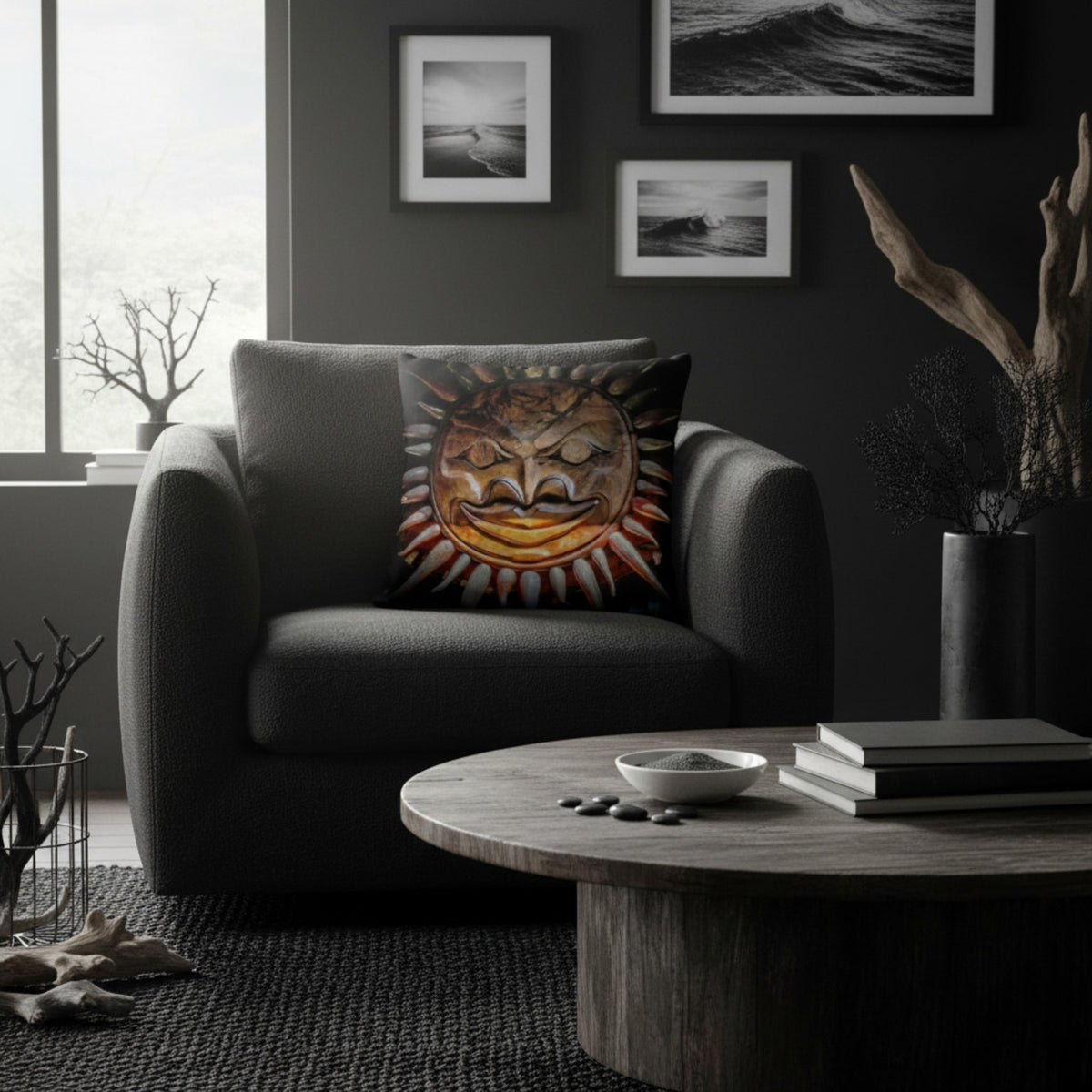 A dark gray armchair in a moody living room setting, featuring a square throw pillow with a detailed sun face illustration in warm orange, yellow, and brown tones.