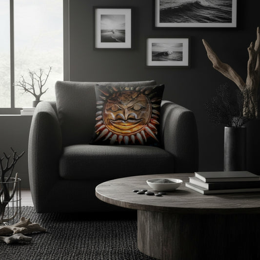 A dark gray armchair in a moody living room setting, featuring a square throw pillow with a detailed sun face illustration in warm orange, yellow, and brown tones.