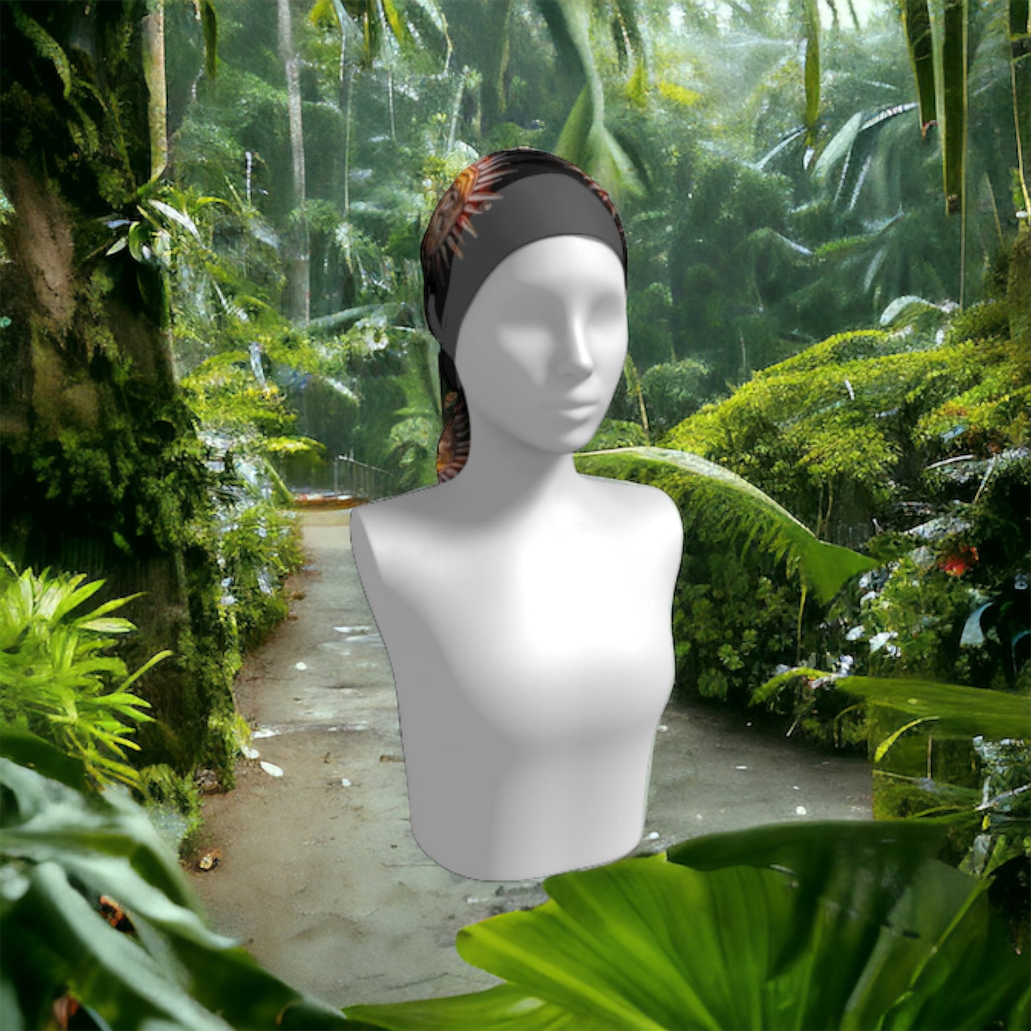 Sun Mask long scarf shown with a rainforest background.