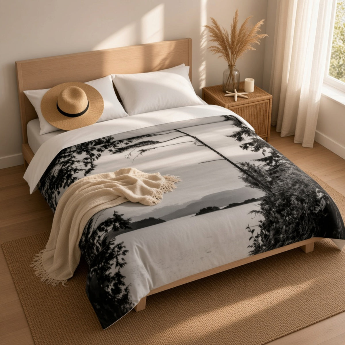 A bed dressed in a black-and-white landscape print duvet cover with white pillows and a cream throw blanket, styled in a bright bedroom with a wooden headboard, side table, curtains, and a straw hat.