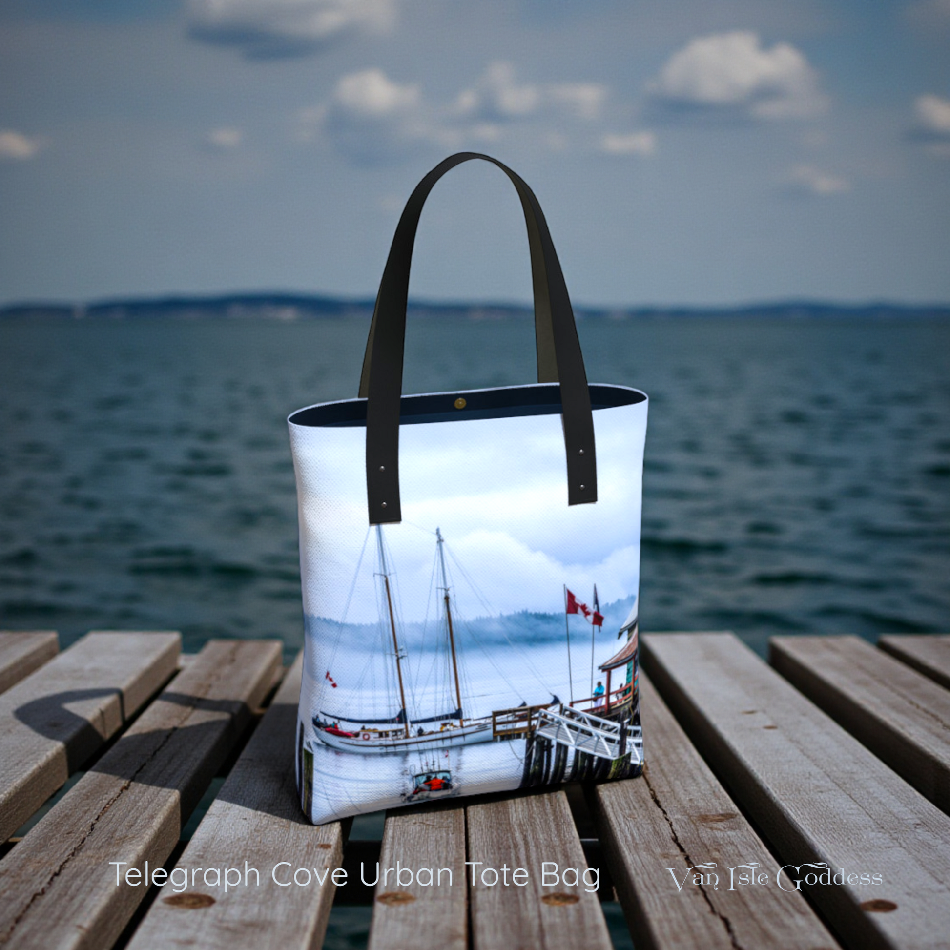 Tote bag with a scenic design of boats and a dock on a wooden platform by the water.