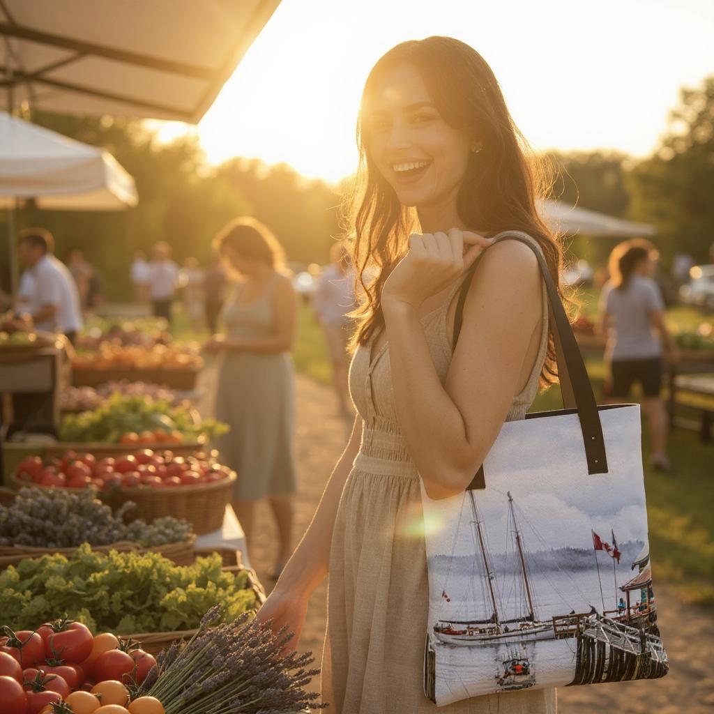 Woman holding a tote bag with a ship design at an outdoor market.