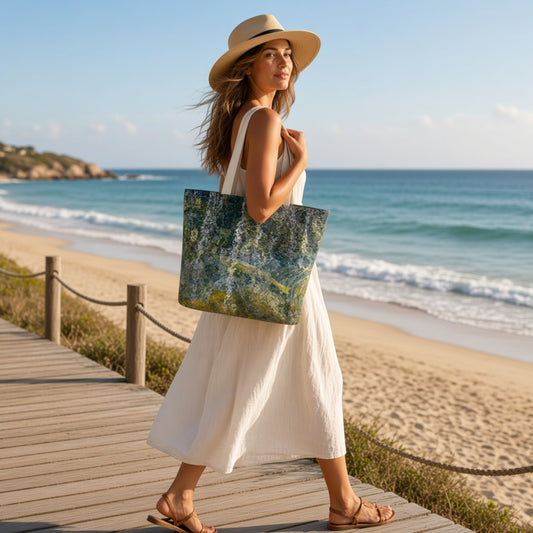 A woman in a white dress and straw hat walks on a wooden boardwalk by the beach, carrying a large tote bag with a textured green and blue abstract print.