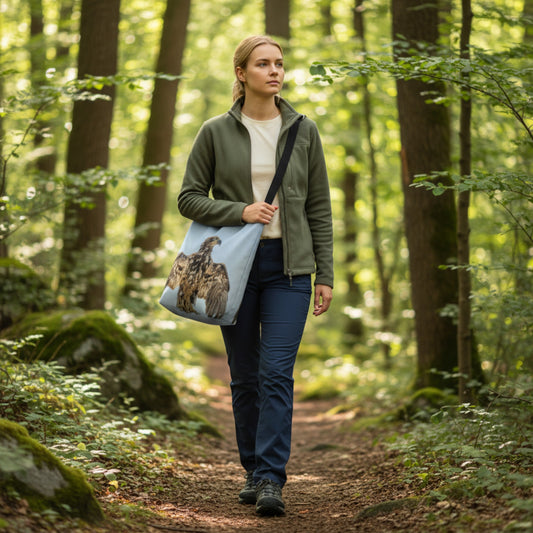 Woman walking in a forest with a large tote bag featuring a eagle design.