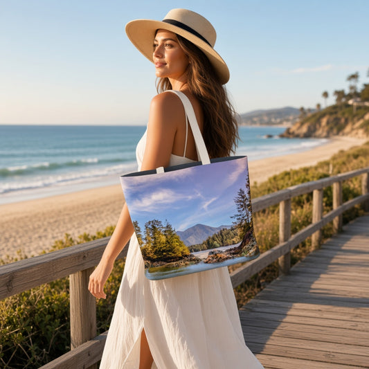 A woman in a white dress and straw hat stands on a wooden boardwalk by the beach, carrying a large tote bag printed with a scenic landscape of mountains, trees, and water.