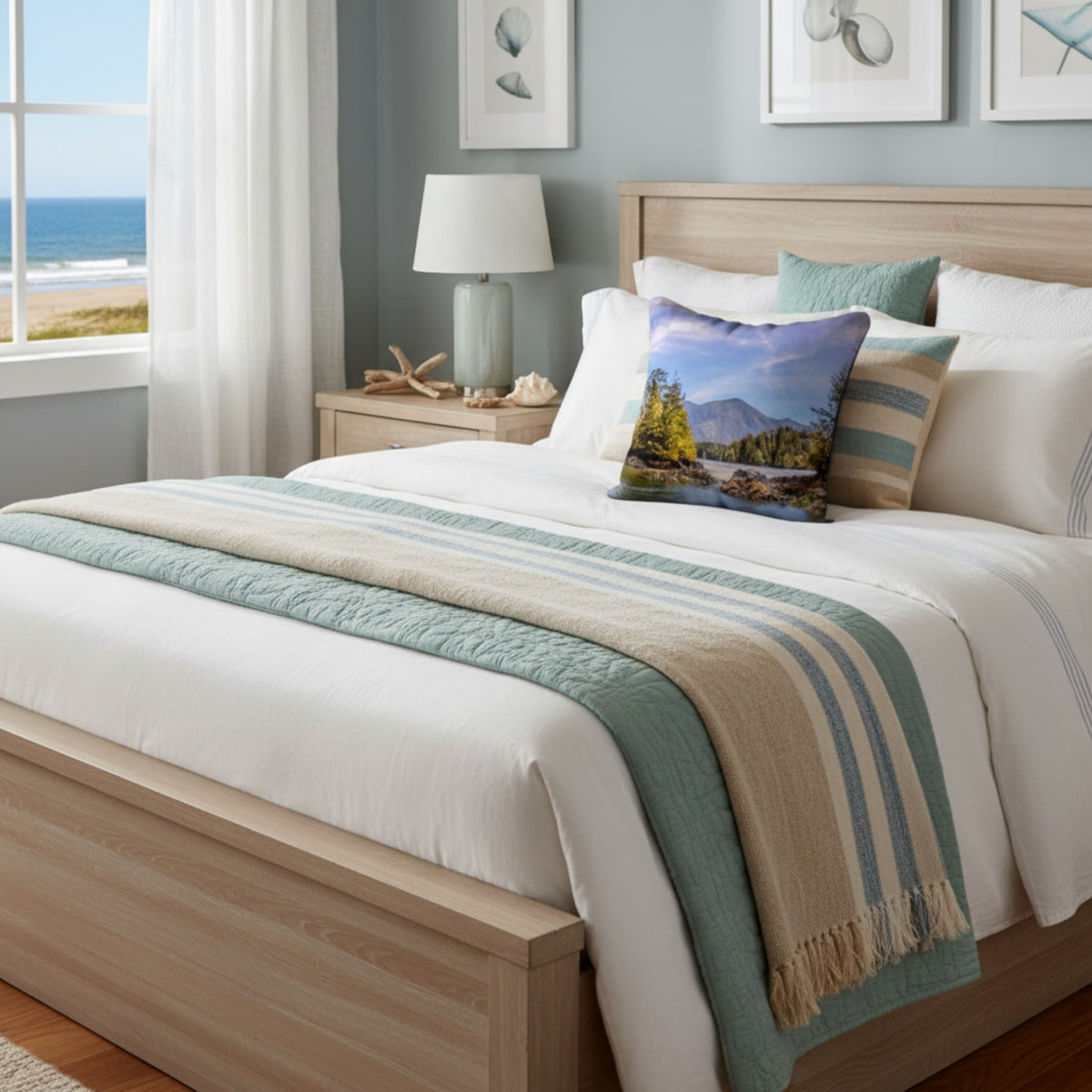 A neatly made bed in a bright bedroom with a light wood frame, white bedding, a mint and beige striped throw blanket, and a square pillow featuring a mountain landscape print. A window with ocean view, sheer curtains, and a bedside lamp are visible.