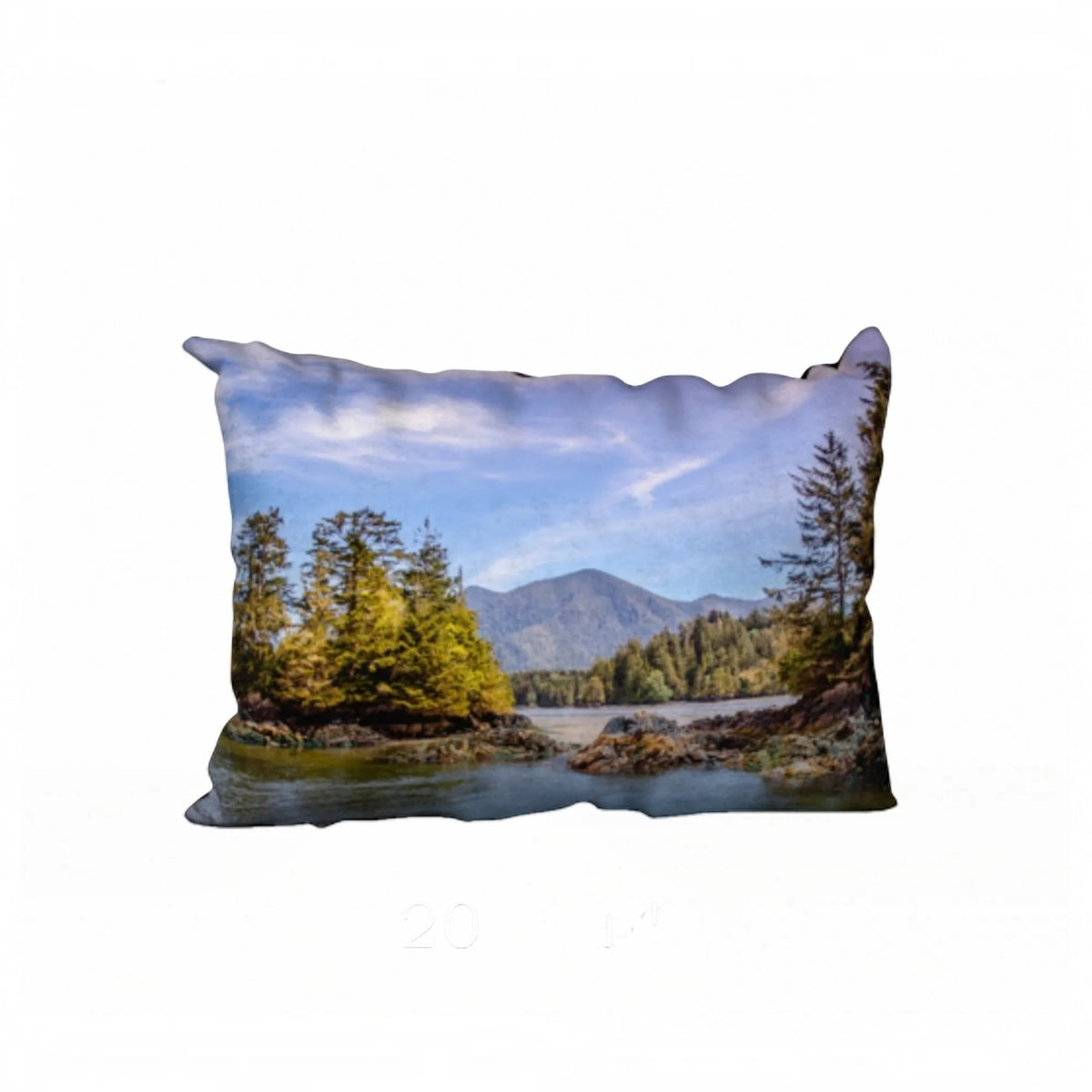 A rectangular throw pillow featuring a scenic landscape print of a lake, trees, and mountains under a blue sky, shown against a plain white background.