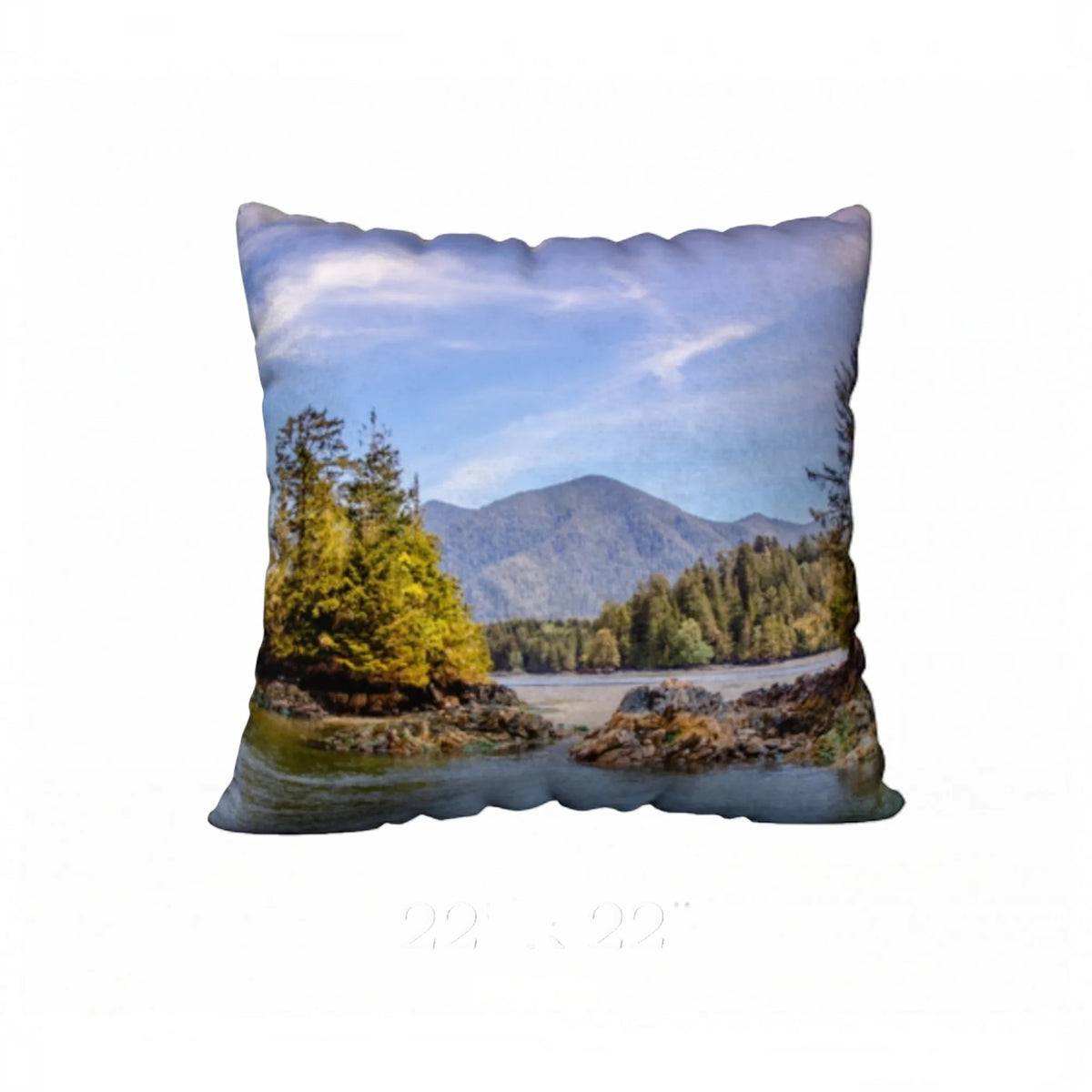 A square decorative throw pillow featuring a scenic landscape print of a mountain, forest, and river under a blue sky, shown on a plain white background.