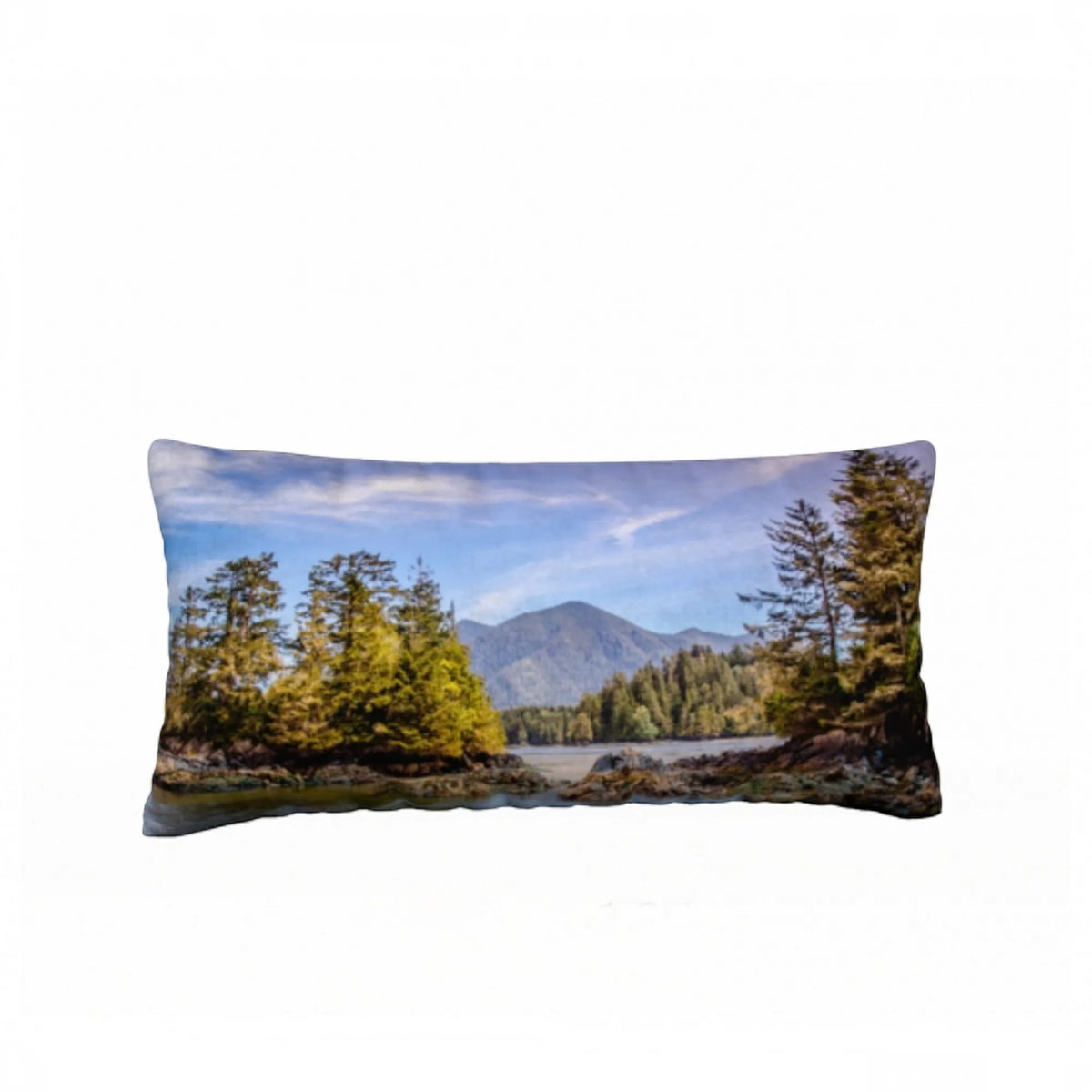 A rectangular lumbar pillow featuring a scenic landscape print of a lake, evergreen trees, and mountains under a blue sky, shown against a plain white background.