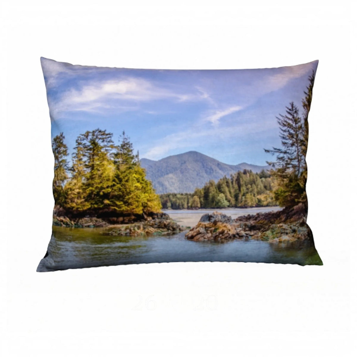 A square decorative throw pillow featuring a scenic landscape print of a river, evergreen trees, and mountains under a blue sky, shown against a plain white background.