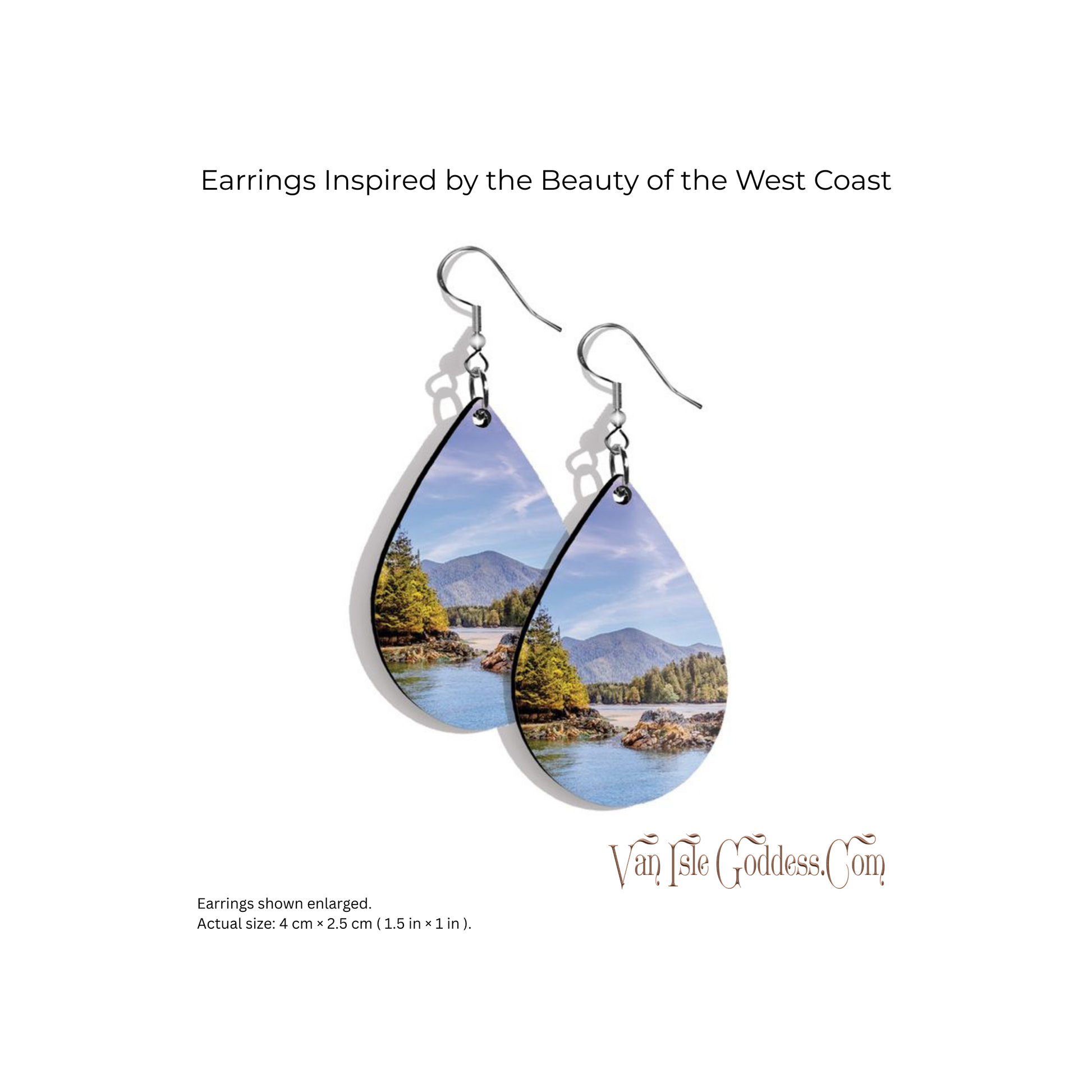 Teardrop-shaped earrings with a scenic design of mountains and water, inspired by the West Coast, on a white background.